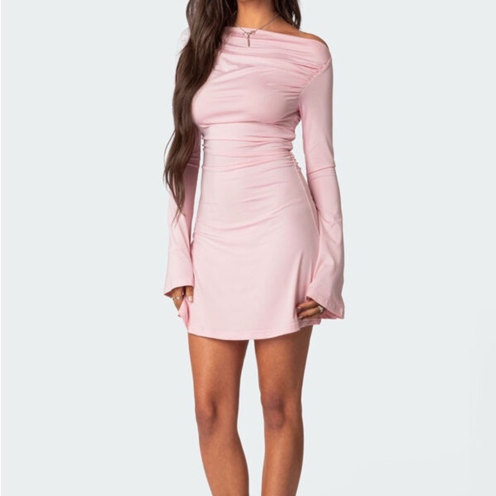Edikted Leena Gathered Pink Long Sleeve Mini Dress Small